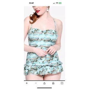 Disney Womens Blue Peter Pan 2 pc Set Ruffled Swimdress with Shorts Size S/M